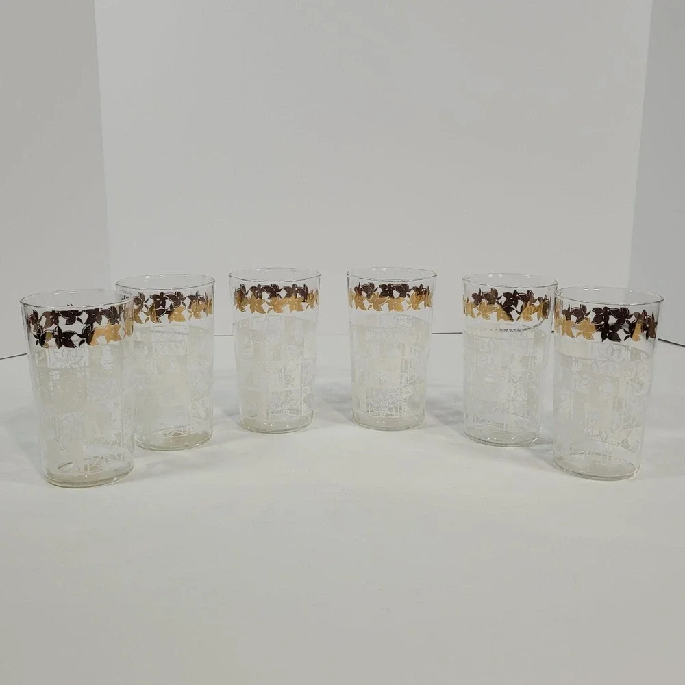 Vintage Hazel Atlas Mid Century Tumblers Set of 6 White Floral Gold Leaf Glasses